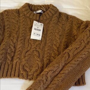 Zara Cozy Brown Cable Knit Sweater crop